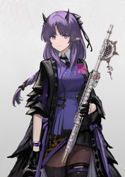 Rule 34 | 1girl, absurdres, arknights, black hair, black necktie, breasts, collared shirt, copyright name, demon horns, flower, flute, gloves, half gloves, hibiscus (arknights), hibiscus the purifier (arknights), highres, holding, holding instrument, horns, instrument, jacket, long hair, long sleeves, medium breasts, necktie, open clothes, open jacket, orlijiang, pantyhose, pointy ears, purple eyes, purple hair, shirt, simple background, skirt, solo, thighhighs, white background