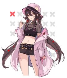 Rule 34 | 1girl, alternate costume, belt, black nails, black shirt, black shorts, brown hair, candy, casual, crop top, earrings, fang, fashion, food, genshin impact, ghost, hair ornament, hairclip, hat, highres, hu tao (genshin impact), jacket, jewelry, lollipop, long hair, looking at viewer, midriff, nail polish, navel, off shoulder, open clothes, open jacket, pink headwear, pink jacket, red eyes, red ribbon, ribbon, ring, shirt, short shorts, short sleeves, shorts, simple background, star-shaped pupils, star (symbol), stomach, symbol-shaped pupils, top hat, twintails, very long hair, white background, wsman