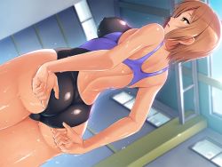 Rule 34 | 1girl, adjusting clothes, adjusting swimsuit, arms behind back, ass, brown hair, competition swimsuit, cowboy shot, dripping, dutch angle, covered erect nipples, game cg, green eyes, hormone koijirou, indoors, mizuura yukari, momojiri instructor netori lesson, official art, one-piece swimsuit, open mouth, profile, short hair, solo, swimsuit, wet