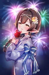 Rule 34 | 1girl, aerial fireworks, alternate costume, blue kimono, blurry, blurry background, blush, bow, braid, brown hair, crescent, crescent hair ornament, depth of field, earrings, fireworks, flower, food, from side, granblue fantasy, haaselia, hair flower, hair ornament, half-closed eyes, hands up, harvin, highres, holding, holding food, hoop earrings, japanese clothes, jewelry, kimono, long hair, long sleeves, looking at viewer, looking to the side, meito (maze), nail polish, obi, parted lips, pink nails, pointy ears, print kimono, sash, single braid, smile, solo, striped, striped bow, very long hair, white flower, wide sleeves, yellow eyes