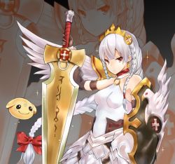 Rule 34 | 1girl, bad id, bad pixiv id, bare shoulders, blush, braid, breasts, elbow gloves, gloves, hair ornament, light valkyrie (p&amp;d), long hair, melsy, puzzle &amp; dragons, red eyes, shield, shynee (p&amp;d), silver hair, solo, sword, valkyrie, valkyrie (p&amp;d), very long hair, weapon, wings
