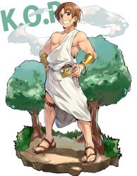 Rule 34 | 1boy, 8 (yamalu), :d, alternate costume, ancient greek clothes, armpits, asymmetrical clothes, bangle, bare shoulders, bracelet, bracer, brown eyes, brown hair, bush, chiton, cloud, collarbone, copyright name, faux figurine, full body, greco-roman clothes, grin, hand on own hip, hands on own hips, hayami hiro, jewelry, king of prism, king of prism by prettyrhythm, looking at viewer, male focus, muscular, no nipples, no socks, open mouth, parted hair, pectorals, pretty rhythm, pretty rhythm rainbow live, pretty series, sandals, simple background, smile, solo, standing, teeth, toes, toga, tree, white background