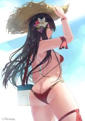 Rule 34 | 1girl, ass, black hair, braid, breasts, butt crack, flower, from behind, hair flower, hair ornament, hat, highres, holding, holding clothes, holding hat, looking at viewer, natori youkai, o-ring, o-ring swimsuit, original, pointy ears, slit pupils, small breasts, solo, straw hat, sun hat, swimsuit, yellow eyes
