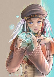 Rule 34 | 1girl, 2021, adventurer (ff11), artist name, beret, black choker, black hat, blue eyes, choker, closed mouth, dated, eyelashes, facial mark, feathers, final fantasy, final fantasy xi, hands up, hat, hat feather, heart, heart hands, highres, jewelry, long sleeves, looking at viewer, mithra (ff11), necklace, pink lips, piyoco, red hair, short hair, smile, solo, white feathers