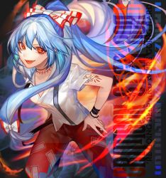 Rule 34 | 1girl, :d, bad id, bad pixiv id, blue hair, bow, bracelet, english text, fire, fujiwara no mokou, hair bow, hair ribbon, hand on own hip, highres, jewelry, leaning forward, loalo, long hair, looking at viewer, low-tied long hair, open mouth, pants, ponytail, red eyes, red pants, ribbon, shirt, short sleeves, smile, solo, stitches, suspenders, tattoo, text focus, torn clothes, torn shirt, touhou, very long hair, white shirt, wristband