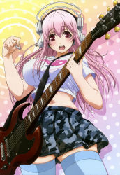Rule 34 | 10s, 1girl, absurdres, blush, breasts, crop top, electric guitar, guitar, headphones, highres, instrument, large breasts, long hair, midriff, music, nail polish, navel, nitroplus, non-web source, nyantype, official art, open mouth, pink eyes, pink hair, playing instrument, plectrum, red eyes, scan, shiny skin, skindentation, skirt, solo, soniani, super sonico, tamura masafumi, thighhighs, wide hips, zettai ryouiki
