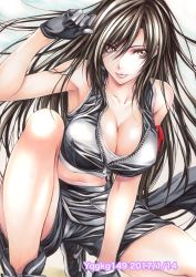 Rule 34 | 1girl, arm ribbon, armpits, between legs, black gloves, black shorts, breasts, brown eyes, brown hair, cleavage, closed mouth, crop top, final fantasy, final fantasy vii, floating hair, gloves, hair between eyes, hand between legs, highres, large breasts, long hair, looking at viewer, midriff, navel, on one knee, partially unzipped, pink lips, red ribbon, ribbon, short shorts, shorts, sleeveless, smile, solo, stomach, swept bangs, tifa lockhart, traditional media, very long hair, watermark, white background, yqgkg
