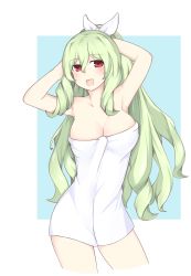 Rule 34 | 1girl, :d, absurdres, armpits, arms behind head, arms up, bare shoulders, blush, breasts, choujigen game neptune mk2, cleavage, cowboy shot, green hair, hair between eyes, hair ribbon, hakozaki chika, highres, large breasts, long hair, looking at viewer, naked towel, neptune (series), open mouth, oyat, ponytail, red eyes, ribbon, smile, solo, towel, very long hair