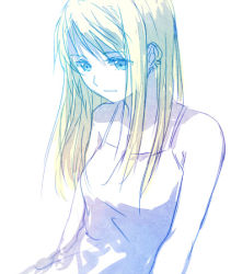 Rule 34 | 1girl, arms at sides, bare arms, bare shoulders, blonde hair, blue eyes, blue theme, earrings, expressionless, fullmetal alchemist, jewelry, long hair, looking down, monochrome, riru, shirt, simple background, sleeveless, sleeveless shirt, solo, upper body, white background, white shirt, white theme, winry rockbell