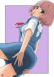 Rule 34 | 1girl, artist request, ass, ass focus, ass grab, bare legs, breasts, evangelion: 3.0 you can (not) redo, highres, kitakami midori, lips, looking at viewer, looking back, medium breasts, neon genesis evangelion, pink hair, rebuild of evangelion, school uniform, shiny skin, short hair, skirt, solo