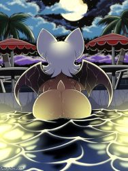 Rule 34 | 1girl, absurdres, ass, ass focus, bat (animal), bat wings, bent over, body fur, breasts, butt crack, exhibitionism, female focus, from behind, furry, furry female, highres, huge ass, moon, night, night sky, nude, omegasunburst, pool, poolside, public indecency, rouge the bat, sideboob, sky, sonic (series), swimming, tail, water, white fur, white hair, wide hips, wings