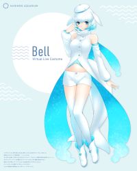 Rule 34 | 1girl, absurdres, bare shoulders, beluga whale (kemono friends) (stylecase), beret, blue eyes, blue hair, boots, breasts, cetacean tail, commentary request, detached sleeves, fictional persona, fins, fish tail, flippers, full body, gradient hair, hat, highres, kemono friends, looking at viewer, medium breasts, midriff peek, multicolored hair, navel, original, scarf, short hair, short shorts, shorts, smile, solo, stylecase, tail, translation request, white footwear, white hair, white shorts