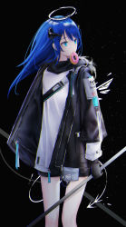 Rule 34 | 0 (znanimo), 1girl, absurdres, arknights, black background, black jacket, black shorts, blue eyes, blue hair, demon horns, demon tail, detached wings, doughnut, energy wings, fallen angel, feet out of frame, food, halo, highres, holding, holding staff, horns, jacket, long hair, looking to the side, mostima (arknights), mouth hold, open clothes, open jacket, shirt, short shorts, shorts, solo, staff, tail, white shirt, wings