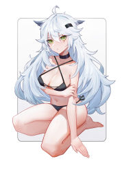 Rule 34 | 1girl, absurdres, ahoge, animal ears, arknights, bare arms, bare legs, bare shoulders, barefoot, bikini, black bikini, black choker, breasts, choker, commentary, criss-cross halter, free (1245358663), hair between eyes, hair ornament, hairclip, halterneck, highres, lappland (arknights), large breasts, long hair, looking at viewer, navel, scar, scar across eye, scar on face, seiza, side-tie bikini bottom, silver hair, sitting, solo, stomach, swimsuit, thighs, very long hair, white background, wolf ears, yellow eyes