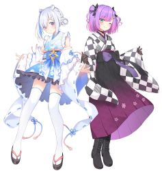 Rule 34 | 2girls, absurdres, amane kanata, amane kanata (new year), animal ears, black bow, black choker, black footwear, black gloves, black kimono, black skirt, blue bow, blue hair, blue kimono, blush, boots, bow, braid, breasts, checkered clothes, checkered kimono, chiyonekoko, choker, closed mouth, commentary, cross-laced footwear, detached sleeves, fishnet gloves, fishnets, floral print, full body, furisode, gloves, gradient skirt, green eyes, hair between eyes, hair bow, hair bun, hair ornament, hairclip, hakama, hakama skirt, hamster ears, highres, hololive, japanese clothes, kimono, looking at viewer, multicolored clothes, multicolored hair, multicolored kimono, multiple girls, obi, official alternate costume, one eye closed, pink hair, pleated skirt, purple eyes, purple hair, purple skirt, sandals, sash, short hair, short kimono, short twintails, side bun, silver hair, simple background, single hair bun, single side bun, skirt, small breasts, smile, standing, streaked hair, thighhighs, tokoyami towa, tokoyami towa (new year), twintails, two-tone hair, two-tone skirt, virtual youtuber, white background, white kimono, white legwear, x hair ornament, zettai ryouiki