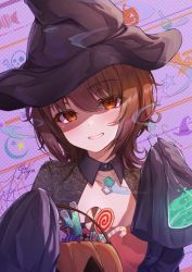 Rule 34 | 1girl, agnes tachyon (umamusume), alternate costume, black hat, black shirt, blush, breasts, brown hair, candy, cleavage cutout, clothing cutout, erlenmeyer flask, flask, food, halloween bucket, hands up, hat, holding, holding flask, ichijo kazuya, jewelry, lollipop, looking at viewer, medium hair, necklace, open mouth, orange hair, shaded face, shirt, signature, sleeves past fingers, sleeves past wrists, small breasts, smile, smoke, solo, teeth, test tube, umamusume, upper body, witch hat