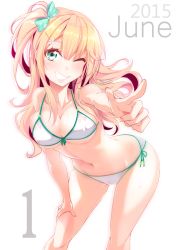 Rule 34 | 10s, 1girl, 2015, bent over, bikini, blonde hair, blue eyes, breasts, cameltoe, cleavage, collarbone, covered erect nipples, groin, hair ribbon, haruka natsuki, june, looking at viewer, navel, one eye closed, original, pointing, pointing at viewer, ribbon, side ponytail, simple background, smile, solo, swimsuit, teeth, white background