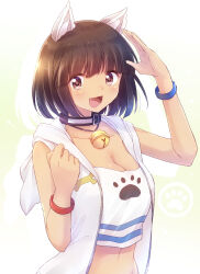 Rule 34 | 1girl, absurdres, animal ear fluff, animal ears, bell, breasts, brown eyes, brown hair, character request, cleavage, collar, commentary, cowboy shot, dog girl, fang, highres, journal of the mysterious creatures, large breasts, navel, neck bell, nyaa (nnekoron), open clothes, open mouth, open shirt, short hair, simple background
