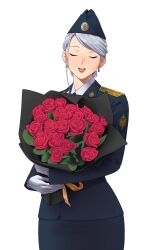 Rule 34 | 1girl, ak-12 (girls&#039; frontline), alternate costume, alternate hairstyle, black jacket, black skirt, bouquet, collar, commentary, earrings, english commentary, facing viewer, flower, fsb, garrison cap, girls&#039; frontline, grey hair, hat, highres, holding, holding bouquet, j adsen, jacket, jewelry, mixed-language commentary, open mouth, police, police uniform, policewoman, red flower, red rose, rose, russian commentary, skirt, smile, straight-on, teeth, transparent background, uniform, upper teeth only, white collar