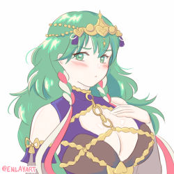 Rule 34 | 1girl, blush, braid, breasts, byleth (female) (fire emblem), byleth (fire emblem), cleavage, closed mouth, cosplay, enlay, fire emblem, fire emblem: three houses, green eyes, green hair, hair ornament, heart, heart-shaped pupils, highres, large breasts, nintendo, simple background, solo, sothis (fire emblem), sothis (fire emblem) (cosplay), symbol-shaped pupils, tiara, twin braids, twitter username, upper body, white background