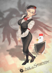 Rule 34 | 1girl, absurdres, armband, bird, black headwear, braid, brown pantyhose, chicken, copyright name, elf, glasses, hat ornament, high heels, highres, long sleeves, looking at viewer, marshie tate, moyatarou, name tag, office lady, pantyhose, pixiv fantasia, pixiv fantasia age of starlight, pointy ears, purple eyes, purple hair, shadow, shield, smile, solo, standing