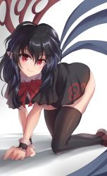 Rule 34 | 1girl, all fours, ass, asymmetrical wings, black dress, black hair, black thighhighs, blue wings, bow, bowtie, closed mouth, dress, highres, houjuu nue, looking at viewer, namiki (remiter00), nue day, red bow, red bowtie, red eyes, red wings, short hair, simple background, skindentation, smile, solo, thighhighs, thighs, touhou, white background, wings, wrist cuffs