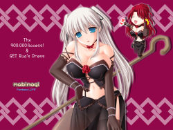 Rule 34 | 2girls, breasts, breasts squeezed together, chibi, cleavage, cosplay, elbow gloves, gloves, highres, huge breasts, kafu (logaemon), large breasts, leaning forward, long hair, looking at viewer, mabinogi, midriff, milestone celebration, multiple girls, nao (mabinogi), pelvic curtain, rua, rua (cosplay), see-through, silver hair, strapless, thighhighs, twintails