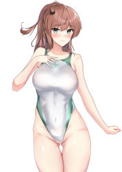 Rule 34 | 1girl, absurdres, blue eyes, blue one-piece swimsuit, bow, breasts, brown hair, competition swimsuit, covered erect nipples, gluteal fold, hair bow, highleg, highres, kantai collection, large breasts, looking at viewer, multicolored clothes, multicolored swimsuit, navel, one-piece swimsuit, saratoga (kancolle), side ponytail, silver one-piece swimsuit, simple background, sing152, smile, swimsuit, thighs, tight clothes, white background, white one-piece swimsuit