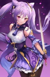 Rule 34 | 1girl, bare shoulders, black pantyhose, blush, braid, breasts, commentary request, cone hair bun, cowboy shot, detached sleeves, dress, flower, frills, genshin impact, gloves, hair bun, hair ornament, holding, holding sword, holding weapon, keqing (genshin impact), long hair, looking at viewer, lunacle, medium breasts, open mouth, pantyhose, purple background, purple eyes, purple hair, simple background, solo, sword, twintails, weapon