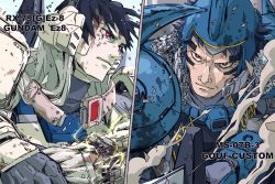 Rule 34 | 2boys, 8823, armor, black hair, blood, blood on face, blue hair, cable, character name, damaged, gouf custom, gundam, gundam 08th ms team, gundam ez8, helmet, humanization, looking to the side, looking up, male focus, mecha danshi, multiple boys, parted lips, power armor, red eyes, scene reference, shoulder spikes, smoke, spikes, v-shaped eyebrows