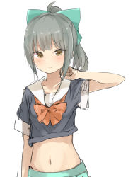 Rule 34 | 10s, 1girl, absurdres, blue bow, blue skirt, blush, bow, bowtie, closed mouth, collarbone, cowboy shot, eyebrows, grey hair, hair bow, hand on own neck, highres, kantai collection, light smile, looking at viewer, midriff, natsu (sinker8c), navel, orange bow, orange bowtie, school uniform, serafuku, short sleeves, simple background, skirt, solo, stomach, white background, yellow eyes, yuubari (kancolle)