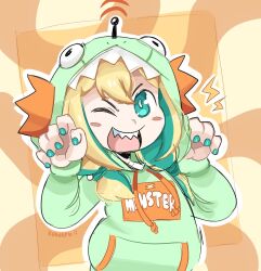 Rule 34 | 1girl, :d, amano pikamee, blonde hair, blush stickers, claw pose, colored inner hair, commentary, dinosaur hood, drawstring, english commentary, green eyes, green hair, green nails, highres, hood, hood up, kobeepb, long sleeves, looking at viewer, multicolored hair, one eye closed, open mouth, orange background, sharp teeth, short hair, sketch, smile, solo, standing, straight-on, teeth, two-tone hair, upper body, virtual youtuber, voms, yellow background