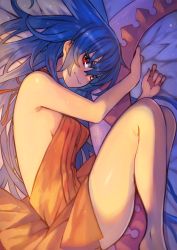 Rule 34 | 1girl, backless dress, backless outfit, blue hair, dragon girl, dragon tail, dress, feet out of frame, hair between eyes, hair ears, halter dress, halterneck, highres, holding own tail, holding tail, knees up, long hair, looking at viewer, lying, neck ribbon, on bed, on side, original, red dress, red eyes, ribbon, rumie, sideless outfit, sleeveless, smile, solo, tail, very long hair