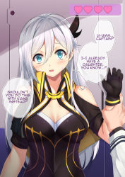 Rule 34 | 1boy, 1girl, bare shoulders, black gloves, black ribbon, black shirt, blue eyes, blush, breasts, cecilia schariac, collared shirt, commentary, embarrassed, english commentary, english text, gameplay mechanics, gloves, grey hair, hair between eyes, hair ribbon, hand up, head tilt, heart, highres, holding another&#039;s wrist, honkai (series), honkai impact 3rd, kabedon, long hair, long sleeves, looking at viewer, medium breasts, off-shoulder shirt, off shoulder, open mouth, pov, ribbon, shade, sheita, shirt, smile, solo focus, speech bubble, standing, sweatdrop, talking, upper body, wing collar