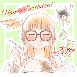 Rule 34 | !?, 1girl, ahoge, arm up, bare shoulders, birthday, black cat, black tank top, black vest, blunt bangs, blush, cat, closed eyes, coat, curry, dated, eating, food, food on face, fur-trimmed coat, fur trim, glasses, green background, green coat, hand up, happy, happy birthday, headphones, heart, hime cut, holding, holding spoon, long hair, love-vitamin00, orange hair, persona, persona 5, plate, rice, rice on face, sakura futaba, simple background, smile, solo focus, spoon, surprised, tank top, vest