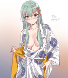 Rule 34 | 1girl, aqua hair, blush, breasts, closed mouth, convenient censoring, dated, floral print, gradient background, green eyes, hair censor, hair ornament, japanese clothes, kantai collection, kimono, kurage1, long hair, long sleeves, medium breasts, simple background, solo, suzuya (kancolle), twitter username, wide sleeves, yukata