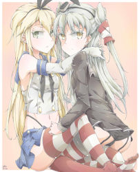 Rule 34 | 10s, 2girls, amatsukaze (kancolle), arms around neck, artist name, black panties, blonde hair, border, bow, crop top, dated, detached sleeves, dress, elbow gloves, eyebrows, falco arrow, gloves, green eyes, grey hair, hair bow, hair tubes, headgear, highleg, highleg panties, highres, hug, kantai collection, kneeling, light smile, long hair, long sleeves, looking at viewer, midriff, multiple girls, navel, panties, pantyshot, parted lips, peach background, pink background, red legwear, sailor collar, sailor dress, shimakaze (kancolle), shoes, side-tie panties, sitting, skirt, sleeveless, straddling, striped clothes, striped legwear, striped thighhighs, thighhighs, two side up, underwear, unworn shoes, upright straddle, white border, yellow eyes, yuri