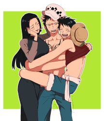 Rule 34 | 1girl, 2boys, anger vein, bisexual male, black dress, black hair, blush, boa hancock, breasts, chest tattoo, closed eyes, collarbone, commentary request, denim, dress, earrings, facial hair, goatee, group hug, hand on own face, hand tattoo, happy, hat, highres, hug, jeans, jewelry, large breasts, long hair, looking at another, monkey d. luffy, multiple boys, navel, one piece, open mouth, pants, piratesebine, polygamy, short hair, smile, snake earrings, standing, straw hat, stretched limb, sweatdrop, tattoo, topless male, trafalgar law, trembling, very long hair, vest, yellow eyes