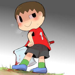 Rule 34 | 1boy, axe, black eyes, blood, blush, brown hair, animal crossing, grass, male focus, nintendo, outdoors, short hair, shorts, smile, solo, sweat, villager (animal crossing), weapon