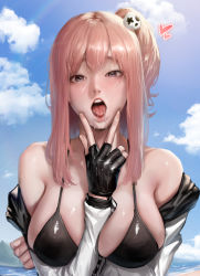 Rule 34 | 1girl, absurdres, arm between breasts, beach, between breasts, bikini, breasts, cloud, dead or alive, gloves, hair ornament, heart, highres, honoka (doa), jumpsuit, kidmo, large breasts, looking at viewer, ocean, open mouth, outdoors, pink hair, saliva, sand, side ponytail, skull hair ornament, sky, solo, swimsuit, tongue, tongue out, upper body, v, water