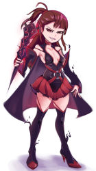 Rule 34 | 1girl, bare shoulders, boots, breasts, brown eyes, brown hair, cleavage, collarbone, dark persona, detached sleeves, evil smile, full body, half-closed eyes, high heel boots, high heels, highres, kagari atsuko, little witch academia, long hair, matching hair/eyes, pleated skirt, short ponytail, simple background, skirt, small breasts, smile, solo, standing, thigh boots, thighhighs, thighs, toasty scones, wand, white background