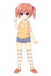 Rule 34 | 1girl, aoi aruma, arm up, blue shorts, child, full body, highres, long hair, orange footwear, orange tank top, original, pink eyes, scrunchie, shoes, short shorts, shorts, simple background, smile, solo, striped clothes, striped thighhighs, tank top, thighhighs, twintails, white background