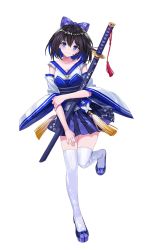 Rule 34 | 1girl, absurdres, bare shoulders, blue eyes, blue footwear, blue hair, bow, closed mouth, full body, hair bow, highres, holding, holding sword, holding weapon, honkai (series), honkai impact 3rd, japanese clothes, jus (user zvzz7288), katana, looking at viewer, seele vollerei, sheath, sheathed, simple background, smile, solo, sword, tattoo, thighhighs, weapon, white background, white thighhighs