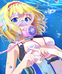 Rule 34 | 1girl, absurdres, alice margatroid, bikini, blonde hair, blue eyes, breasts, commission, crossed fingers, diving mask, frilled hairband, frills, frown, goggles, hairband, highres, kisaragi koushi, looking at viewer, medium breasts, pixiv commission, red hairband, scuba, scuba gear, scuba tank, small breasts, snorkel, snorkel in mouth, solo, swimsuit, touhou, underwater, upper body, white bikini, x fingers