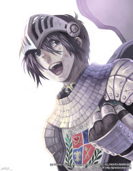 Rule 34 | 1boy, armor, artist name, bandage on face, bandages, black eyes, black hair, brown cape, cape, chainmail, clenched hand, commentary request, dated, dated commentary, emblem, gauntlets, grandyoukan, hair between eyes, knight (ragnarok online), korean commentary, looking to the side, open mouth, pauldrons, ragnarok online, short hair, shoulder armor, signature, simple background, solo, tabard, teeth, tongue, upper body, visor (armor), watermark, web address, white background