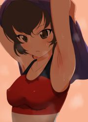 Rule 34 | 10s, 1girl, armpits, arms up, blouse, breasts, brown eyes, brown hair, caesar (girls und panzer), denkaisui, girls und panzer, medium breasts, open mouth, orange background, red shirt, shirt, short hair, sleeveless, solo, sports bra, stain, steam, sweat, sweat stain, tank top, upper body