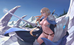 Rule 34 | 1girl, armor, belt, bigrbear, blonde hair, blue cape, blue eyes, blue sky, breasts, cape, cleft of venus, closed mouth, commentary, contrapposto, cowboy shot, day, glint, greaves, hair between eyes, headpiece, highres, holding, holding sword, holding weapon, long hair, long sword, medium breasts, naked cape, navel, nipples, original, pussy, shield, sky, snow, solo, standing, sword, warrior, weapon