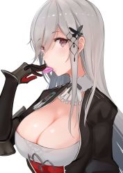 Rule 34 | 1girl, azur lane, breasts, butterfly hair ornament, cleavage, commentary, corset, detached collar, dunkerque (azur lane), eating, eyes visible through hair, food, from side, gloves, grey hair, hair ornament, hair over one eye, large breasts, long hair, long sleeves, looking at viewer, macaron, mappaninatta, red eyes, sidelocks, simple background, solo, sweets, white background