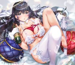 Rule 34 | 1girl, alcohol, angel, angel wings, bad feet, barefoot, black hair, bra, breasts, cleavage, commentary request, covered erect nipples, cup, cushion, drinking glass, earrings, feet, garter straps, gloves, grey eyes, hair between eyes, jewelry, kanojo (ogino atsuki), large breasts, legs, lingerie, long hair, lying, navel, necklace, on back, original, panties, single thighhigh, spill, stomach, thighhighs, unworn thighhighs, underwear, white bra, white gloves, white panties, wine, wine glass, wings, yanyo (ogino atsuki)