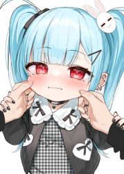 Rule 34 | 1boy, 1girl, black bow, black jacket, black nails, blue hair, blush, bow, cheek pinching, commentary request, dress, ear piercing, hair bow, hair ornament, hairclip, highres, jacket, kanae (tsukiman), long hair, long sleeves, looking at viewer, nail polish, original, out of frame, piercing, pinching, plaid, plaid dress, puffy long sleeves, puffy sleeves, rabbit hair ornament, red eyes, simple background, solo focus, tears, tsukiman, twintails, unmoving pattern, very long hair, white background